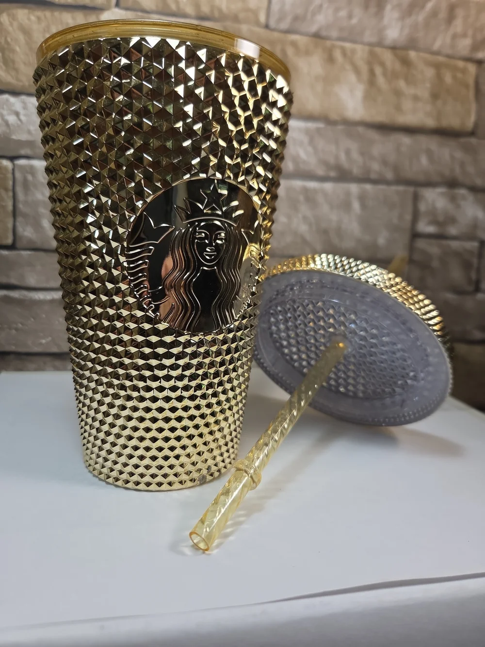 New Starbucks Metallic Gold Studded Tumbler with Straw